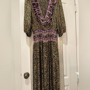 Susan Freis multi-colored smocked tiered midi dress M